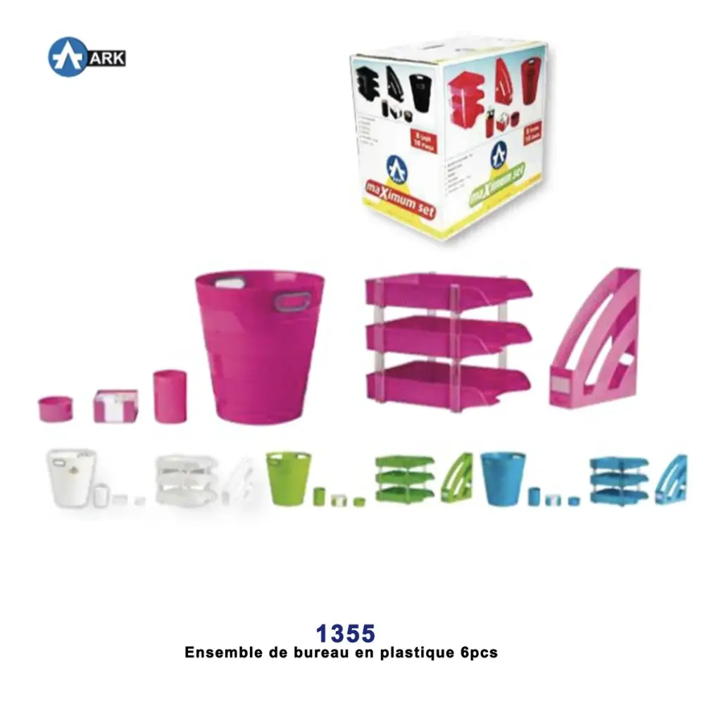 ENSEMBLE DE BUREAU PLASTIQUE POUBELLE  + PANIER A COURRIER + CORNER BOX+ PORTE STYLO